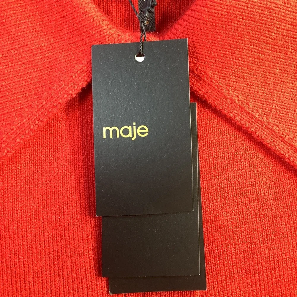 Maje Mizoly Red‎ Wool Blend Embroidered Polo Sweater Gold Buttons Size 1 NWT